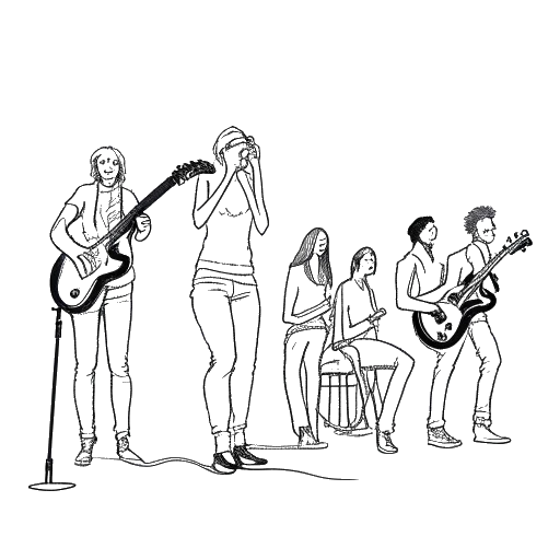 Line art drawing of Lady Gaga performing on stage with a group of musicians.