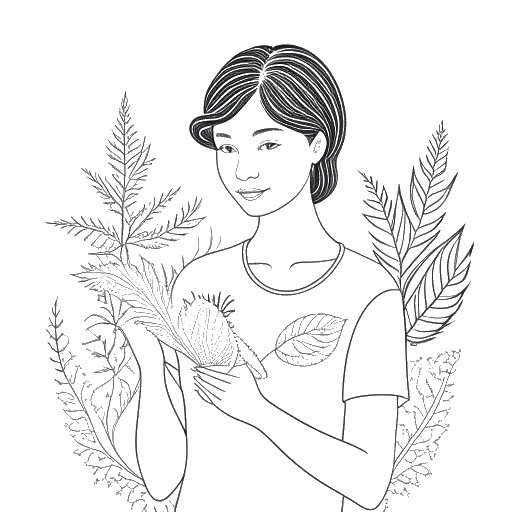Line art drawing of Lady Gaga holding a fern, with botanical illustrations and a certificate in the background.