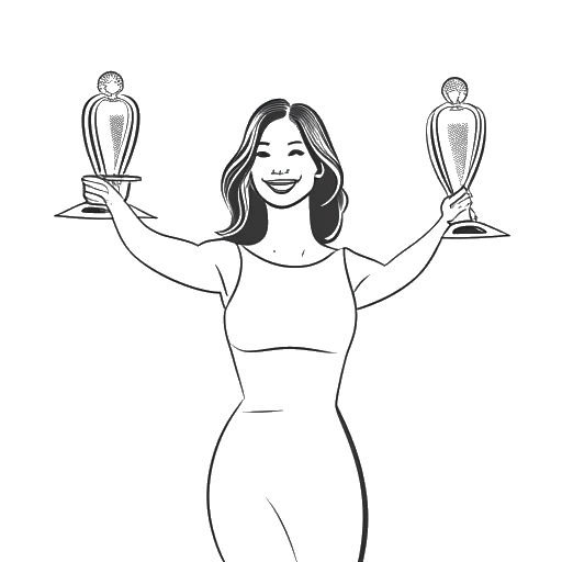 Line art drawing of Lady Gaga holding two Grammy awards, with a stage and spotlights in the background.