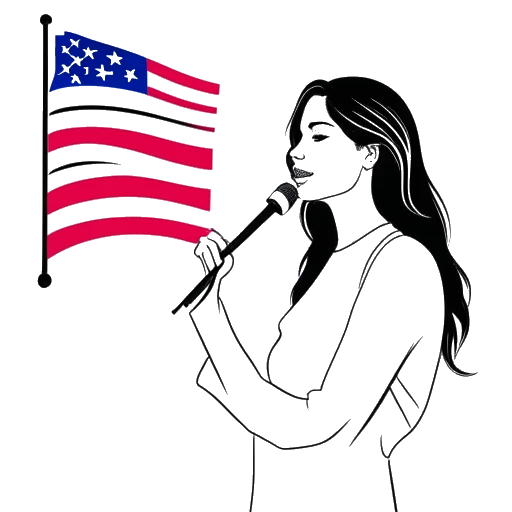 Line art drawing of Lady Gaga holding the 'Joanne' album, with the US flag and a Billboard chart in the background.