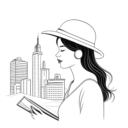Line art drawing of Lady Gaga as a young woman with a graduation cap, holding a music sheet, with a city skyline and record label logo in the background.