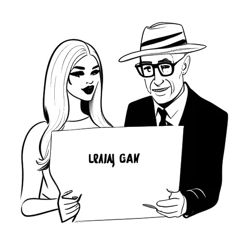Line art drawing of Lady Gaga and Rob Fusari holding a piece of paper with the words 'Lady Gaga'.