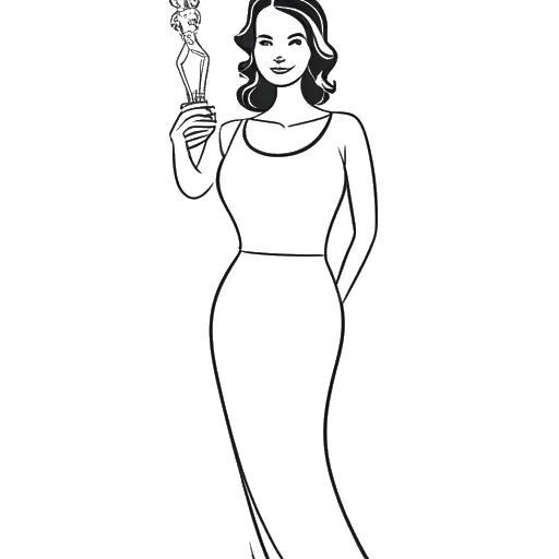Line art drawing of Lady Gaga holding an Oscar award, with a movie set and a spotlight in the background.