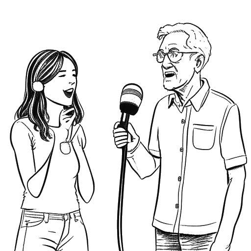 Line art drawing of Lady Gaga and Tony Bennett holding microphones.