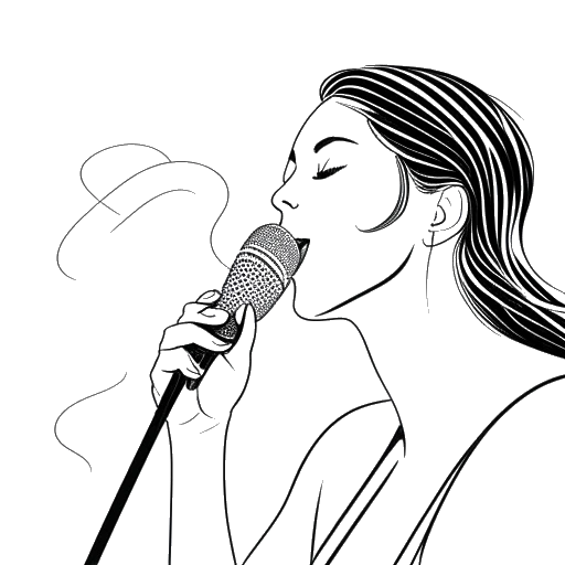 Line art drawing of Lady Gaga singing into a microphone, with musical notes and a range indicator in the background.