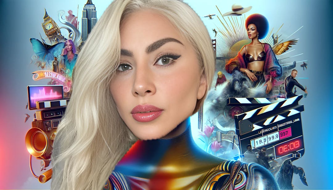 Lady Gaga: Captivating thumbnail featuring the enigmatic artist with a bald head, exuding confidence and energy. The backdrop showcases international landmarks, representing her global influence. Vibrant colors and high-resolution details add visual appeal.