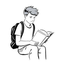 Strichzeichnung eines Mannes, der Sascha Hellinger darstellt, mit einem Rucksack, der ein Buch liest und mit einem Freund im Gespräch ist. Die Szene spielt vor einem weißen Hintergrund.