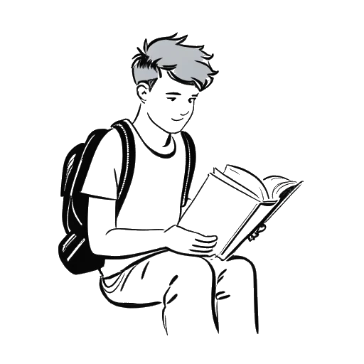 Strichzeichnung eines Mannes, der Sascha Hellinger darstellt, mit einem Rucksack, der ein Buch liest und mit einem Freund im Gespräch ist. Die Szene spielt vor einem weißen Hintergrund.