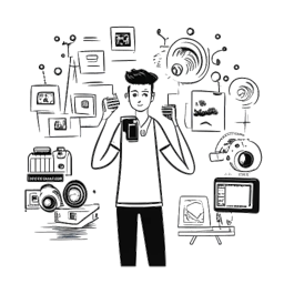 Strichzeichnung eines Mannes, der Sascha Hellinger symbolisiert, eine Kamera haltend, umgeben von digitalen Bildschirmen, die soziale Medienmetriken zum Engagement anzeigen. Die Illustration spielt vor einem weißen Hintergrund.