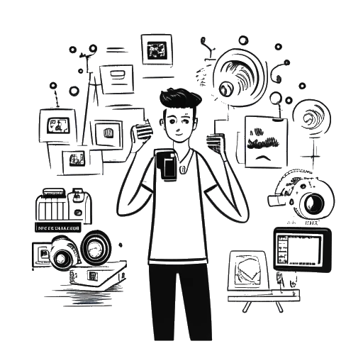 Strichzeichnung eines Mannes, der Sascha Hellinger symbolisiert, eine Kamera haltend, umgeben von digitalen Bildschirmen, die soziale Medienmetriken zum Engagement anzeigen. Die Illustration spielt vor einem weißen Hintergrund.