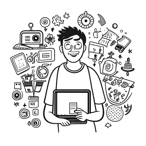 Strichzeichnung eines Mannes, der Sascha Hellinger darstellt, mit einem charismatischen Lächeln, der eine Kamera und einen Laptop hält. Symbole für YouTube, Twitch, Musik und Kollaborationen umgeben ihn und zeigen seine verschiedenen Einkommensquellen, alles vor einem weißen Hintergrund.
