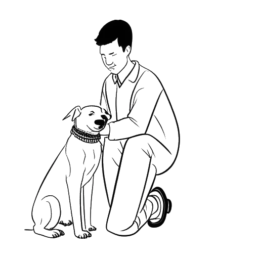 Strichzeichnung eines Mannes, der Sascha Hellinger darstellt, der einen Hund streichelt.