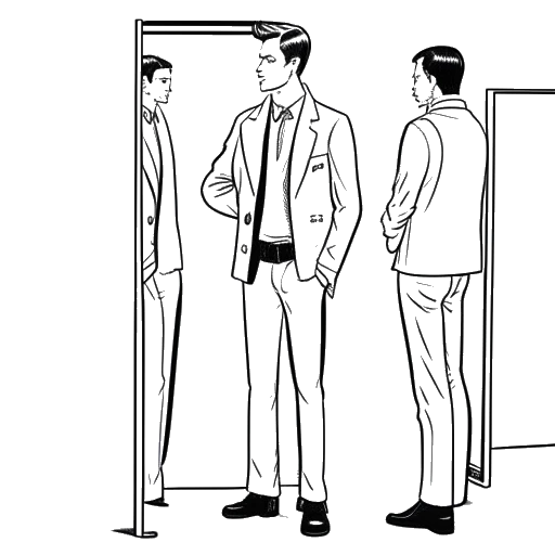 Strichzeichnung eines Mannes, der Sascha Hellinger darstellt, der vor einem Spiegel steht und verschiedene Outfits ausprobiert.