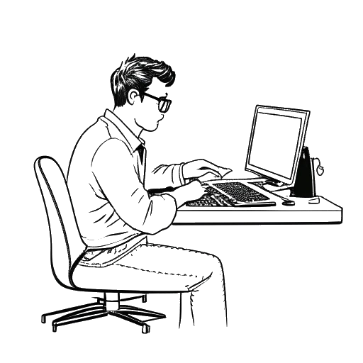 Strichzeichnung eines Mannes, der Sascha Hellinger darstellt, der an einem Computer mit Bearbeitungssoftware arbeitet.