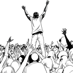 Lijn kunsttekening van een rapper die NLE Choppa vertegenwoordigt, op het podium, omringd door een levendig publiek met de handen in de lucht.