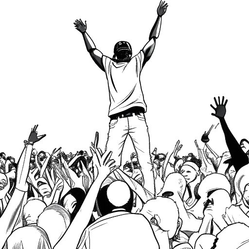 Lijn kunsttekening van een rapper die NLE Choppa vertegenwoordigt, op het podium, omringd door een levendig publiek met de handen in de lucht.