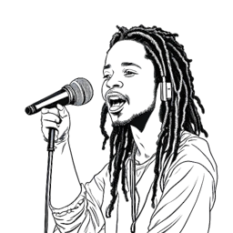 Line art drawing of a young man representing NLE Choppa, with dreadlocks, confidently holding a microphone.