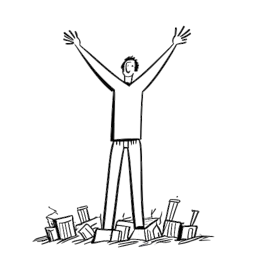 Line art drawing of a man representing NLE Choppa, standing tall, surrounded by obstacles and holding his head high.
