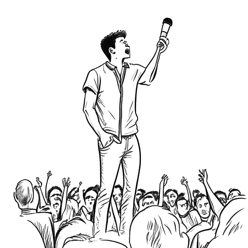 A black and white line art drawing of a man representing NLE Choppa. He exudes charisma and confidence while gripping a microphone on stage, with a multitude of excited fans surrounding him. The image captures the energy and passion of his live performances against a white backdrop.