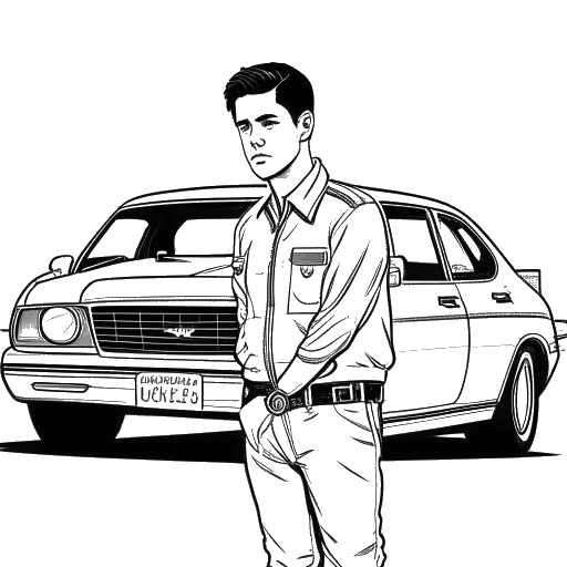 Desenho artístico de um jovem representando NLE Choppa, algemado e em pé na frente de uma viatura policial.
