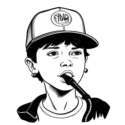 Disegno in stile line art di un ragazzo adolescente che rappresenta NLE Choppa, che tiene un microfono e indossa un cappello con su scritto 'YNR'.
