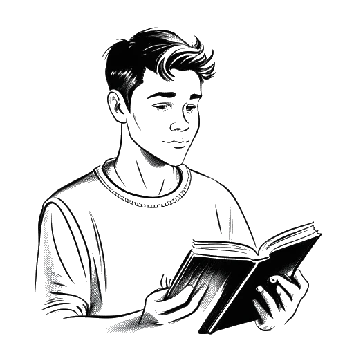 Dibujo en arte lineal de un joven que representa a NLE Choppa, sosteniendo un libro abierto, con una luz celestial brillando sobre él.