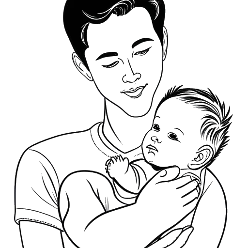 Lijntekening van een jonge man die NLE Choppa vertegenwoordigt, met een baby in zijn armen en een achtergrond van hartvormen.