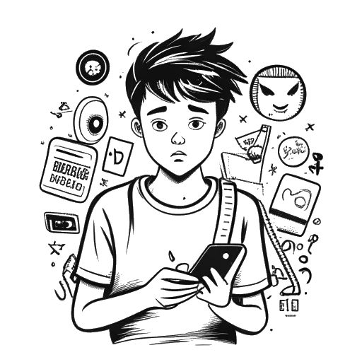 Line art drawing of a teenage boy representing NLE Choppa, holding a smartphone with an Instagram ban message, surrounded by other social media logos.