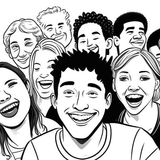 Desenho artístico de um jovem representando NLE Choppa, cercado por um grupo de pessoas diversas, todas sorrindo e rindo.