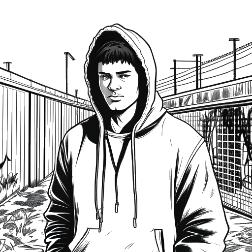Line art drawing of a man representing NLE Choppa, standing in a dangerous Memphis neighborhood.