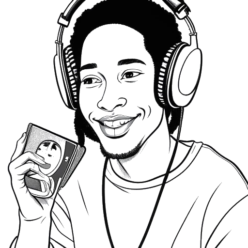 Dibujo en arte lineal de un joven que representa a NLE Choppa, sosteniendo un conejo y escuchando música con auriculares, con un póster de Bob Marley en el fondo.