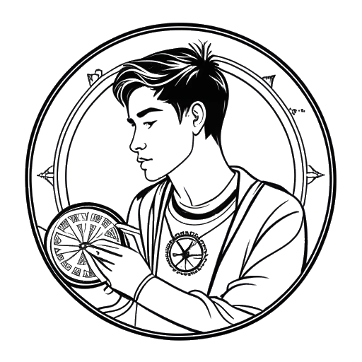 Line art drawing of a young man representing NLE Choppa, holding a zodiac wheel with the Scorpio symbol highlighted.