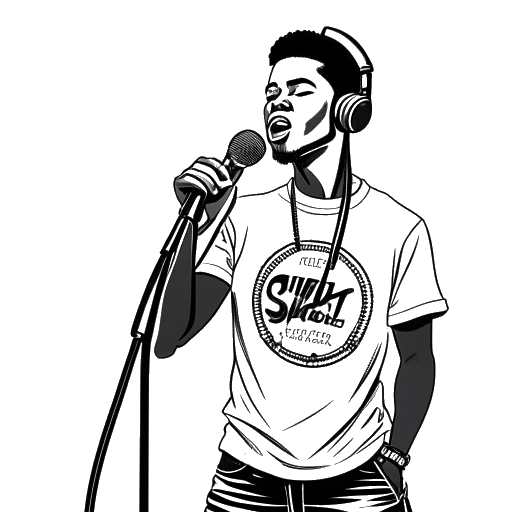Disegno in stile line art di un giovane che rappresenta NLE Choppa, che tiene un microfono e sta davanti a un giradischi con scritto 'Shotta Flow'.