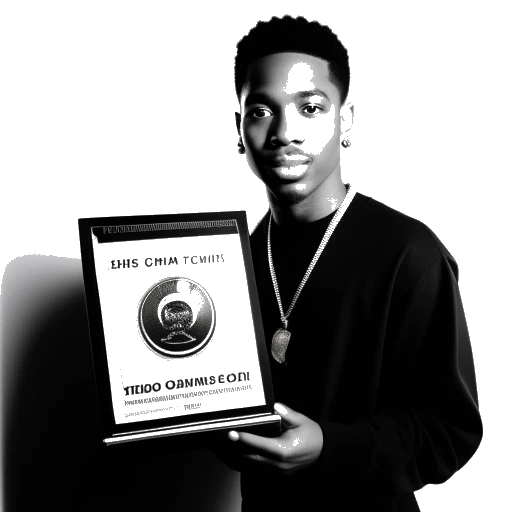 Dessin en ligne d'un jeune homme représentant NLE Choppa, tenant un disque d'or avec 'Top Shotta' écrit dessus, devant un classement US Billboard 200.