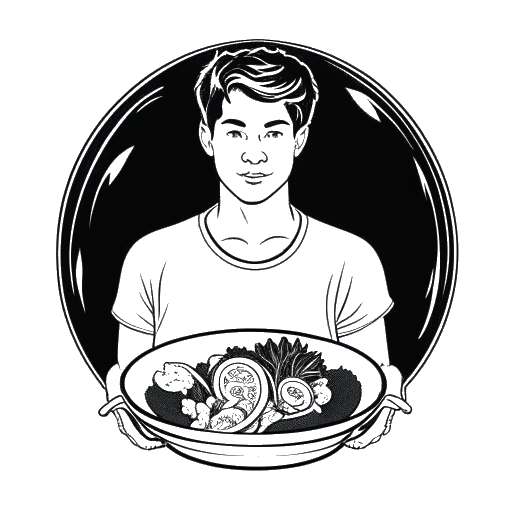 Line art drawing of a young man representing NLE Choppa, holding a plate of vegetables, with a glowing aura representing improved mental health.