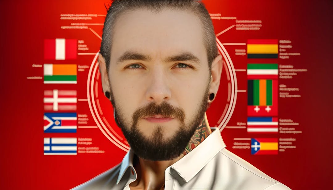 Jacksepticeye, a fair-skinned male with ear piercings and facial hair, in a stylish outfit against a red background, exuding confidence and energy
