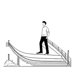 Strichzeichnung eines Mannes, der Mac Miller symbolisiert, stolz auf einer Parkrutsche steht, mit der US Billboard 200 Chart im Hintergrund, was seinen unabhängigen Erfolg darstellt, alles vor einem weißen Hintergrund.