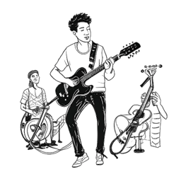 Lijntekening van een man, die Mac Miller vertegenwoordigt, met diverse muziekinstrumenten die overgaan naar het vasthouden van een microfoon, wat zijn overstap naar rap symboliseert, allemaal tegen een witte achtergrond.