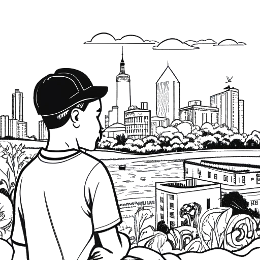 Line art drawing of a man, embodying Mac Miller, expressing empathy and support towards underprivileged youth, with symbolic elements of Pittsburgh in the backdrop, against a white background.