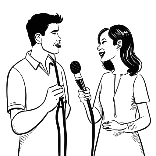 Line art tekening van een stel, dat Mac Miller en Ariana Grande voorstelt, die microfoons vasthouden.