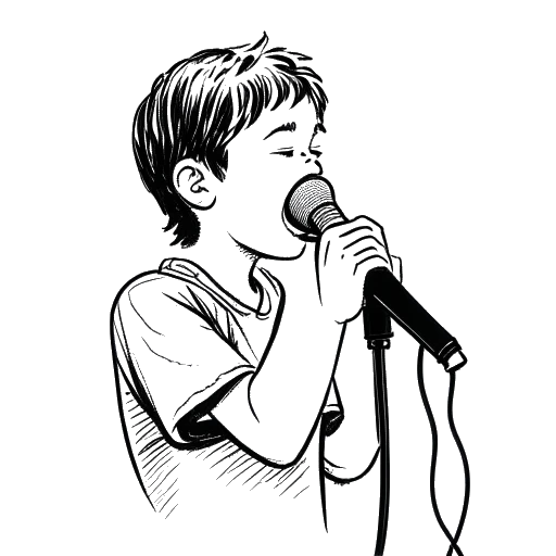 Line art drawing of a boy, representing Mac Miller, singing into a microphone.