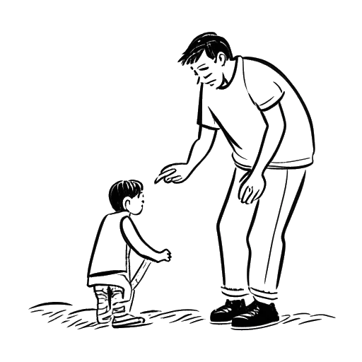 Line art drawing of a man, representing Mac Miller, helping a child in need.
