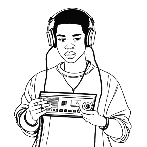 Desenho em arte linear de um adolescente, representando Mac Miller, segurando uma mixtape rotulada 'But My Mackin' Ain't Easy'.