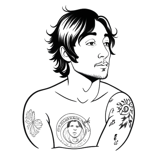 Line art drawing of a man, representing Mac Miller, with tattoos dedicated to John Lennon and the lyrics from Lennon's 'Imagine'.
