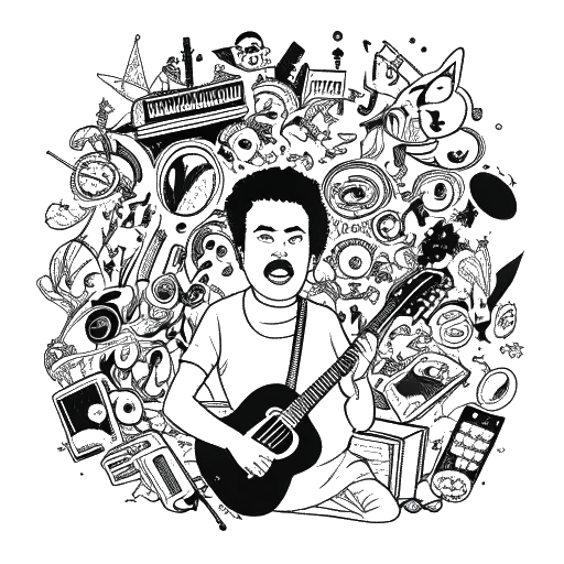 Line art tekening van een man, die Mac Miller voorstelt, omringd door verschillende muziekgenres zoals jazz en funk.