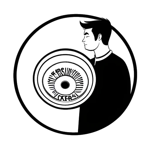 Desenho em arte linear de um homem, representando Mac Miller, segurando um disco rotulado 'REMember Music'.