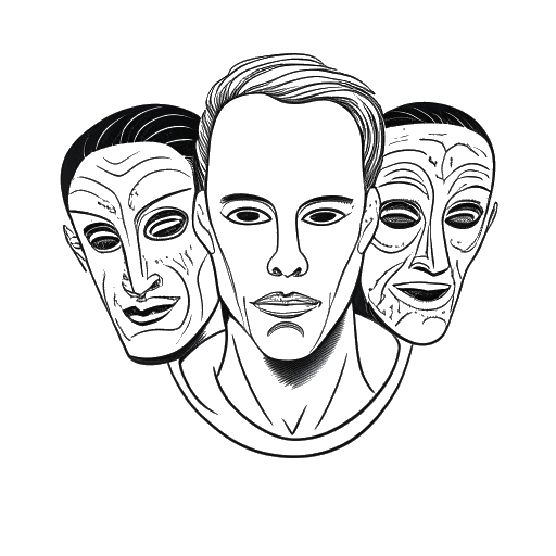 Desenho em arte linear de um homem, representando Mac Miller, segurando duas máscaras, simbolizando sua vida profissional e pessoal.