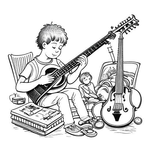 Line art drawing of a boy, representing Mac Miller, playing various musical instruments.