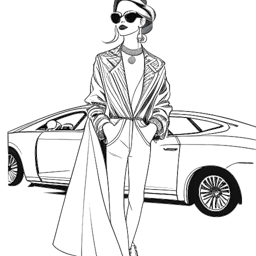 Lijntekening van een vrouw, die Cardi B vertegenwoordigt, gekleed in een weelderige designeroutfit met motieven die wijzen op een affiniteit met luxe auto's, gepresenteerd op een witte achtergrond.