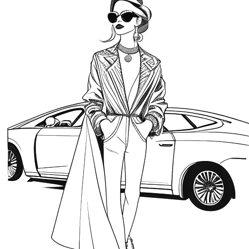 Lijntekening van een vrouw, die Cardi B vertegenwoordigt, gekleed in een weelderige designeroutfit met motieven die wijzen op een affiniteit met luxe auto's, gepresenteerd op een witte achtergrond.
